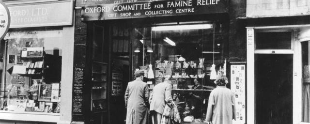 First permanent Oxfam gift shop in Broad Street, Oxford, which opened in 1947. Photograph probably late 1940s. Credit: Oxfam Archive First permanent Oxfam gift shop in Broad Street, Oxford, which opened in 1947. Photograph probably late 1940s. Credit: Oxfam Archive